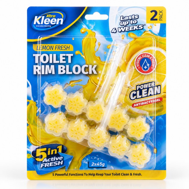 Xtra Kleen Toilet Rim Block Lemon Fresh 2 Pack — 5-in-1 antibacterial toilet rim block that cleans and freshens with every flush — 2 pack.