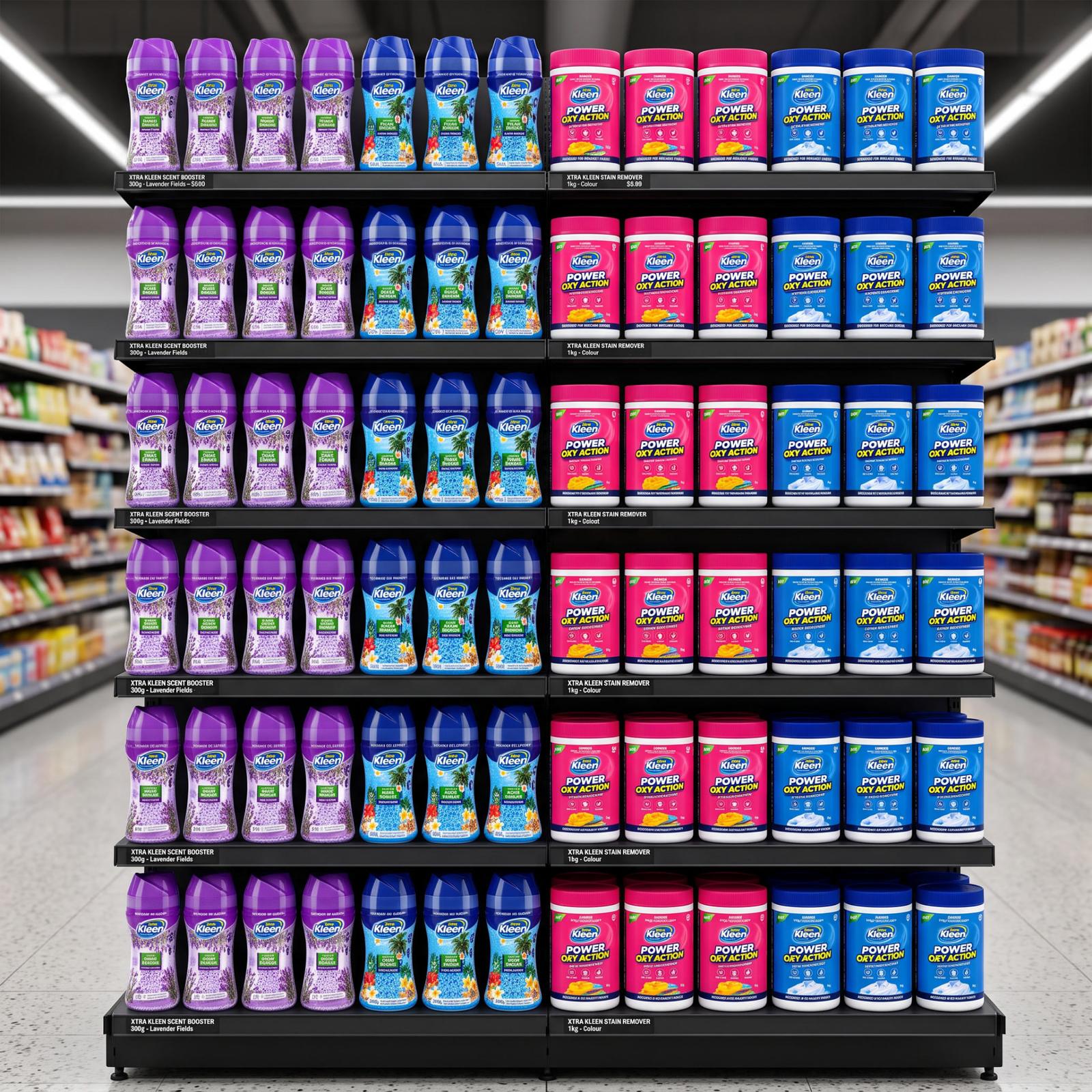 Xtra Kleen laundry care planogram bay with in-wash scent boosters and Power Oxy Action stain removers in a retail aisle