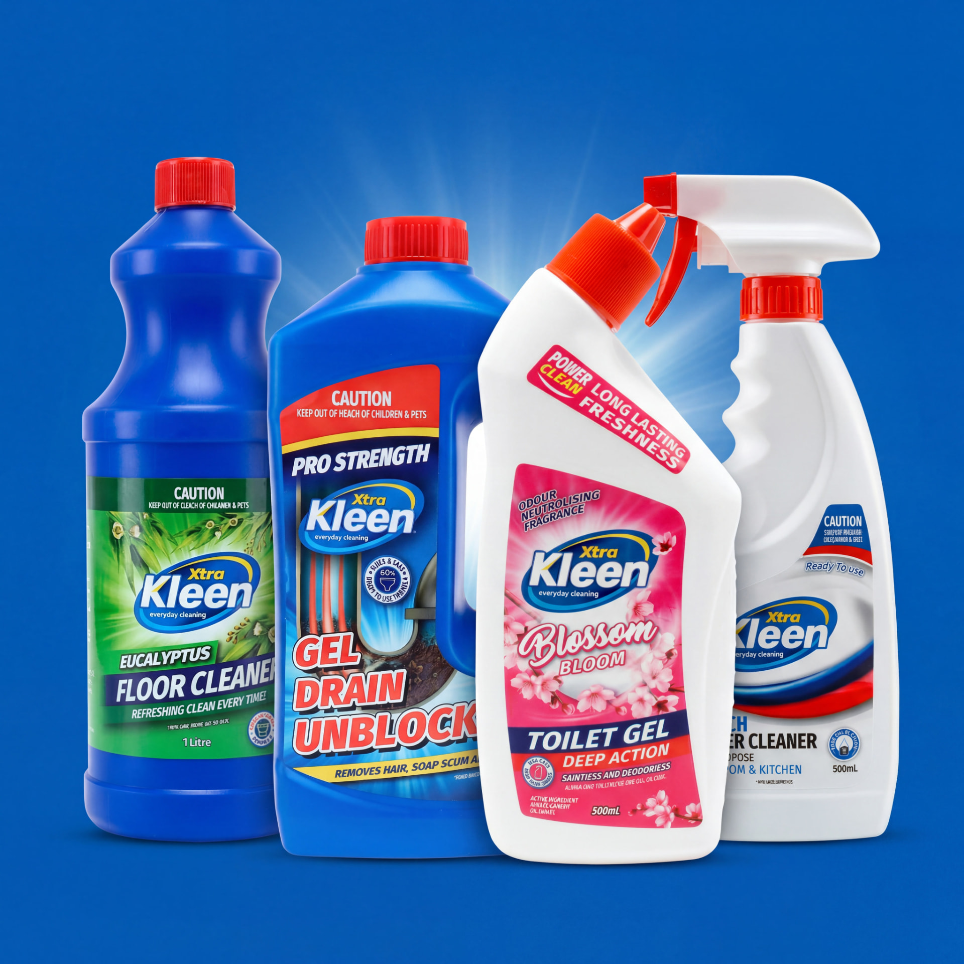 Xtra Kleen cleaning product range including floor cleaner, drain unblocker, toilet gel and all-purpose cleaner