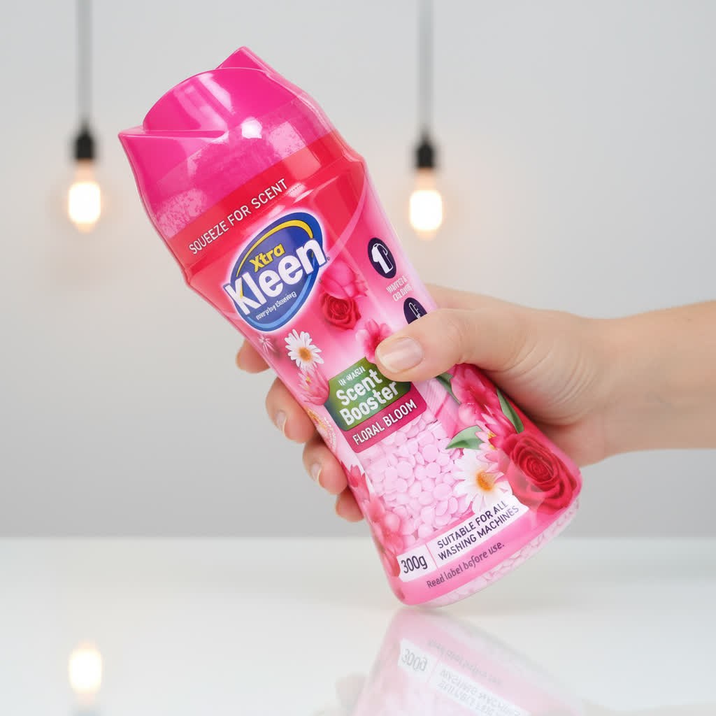Hand holding Xtra Kleen Floral Bloom Scent Booster in a bright laundry space