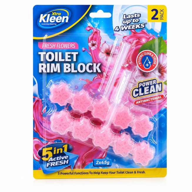 Xtra Kleen Toilet Rim Block Fresh Flowers 2 Pack — 5-in-1 antibacterial toilet rim block that cleans and freshens with every flush — 2 pack.