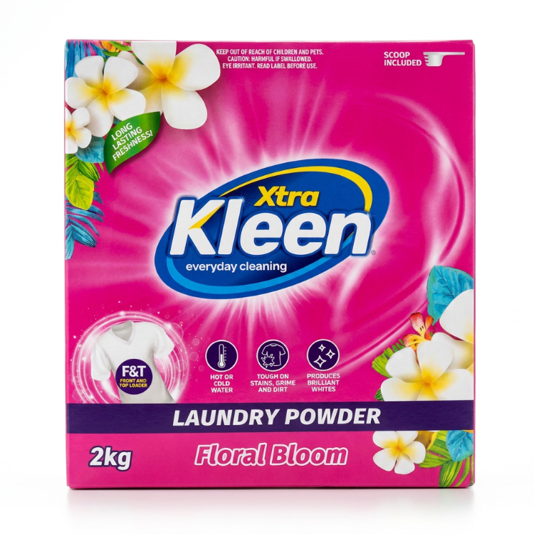Xtra Kleen Laundry Powder Floral Bloom 2kg — Xtra Kleen Floral Bloom Laundry Powder is a 2kg family box of everyday washing powder with a scoop included. Use one scoop per standard load in a front or top loader, hot or cold, for clean, bright washing with a long-lasting floral fragrance.
