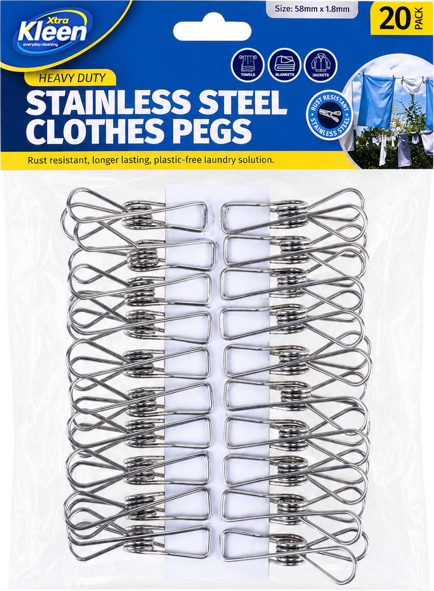 Stainless Steel Clothes Pegs 5.8cm 20 Pack — Xtra Kleen Laundry Care