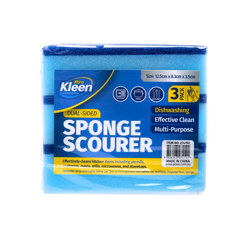 Xtra Kleen Dual-Sided Sponge Scourer 3pk — Larger dual-sided sponge scourers for dishwashing, cookware and stovetops.