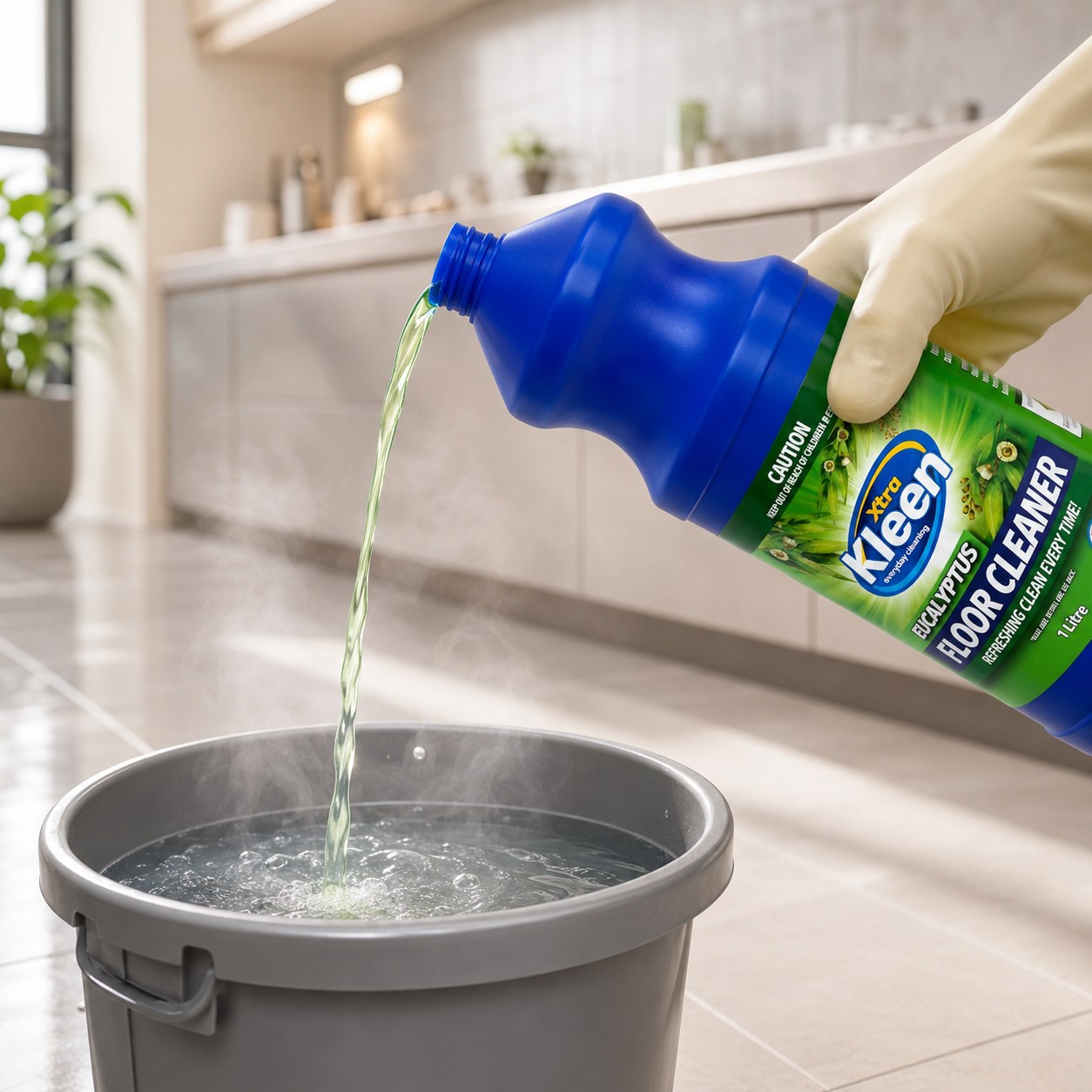 Xtra Kleen Eucalyptus Floor Cleaner being poured into a bucket for a home cleaning routine
