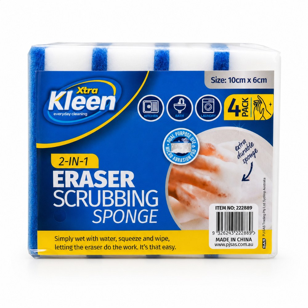 Xtra Kleen 2-in-1 Eraser Scrubbing Sponge 4pk — Dual-purpose eraser block and scourer pad that lifts marks and baked-on grime with just water.