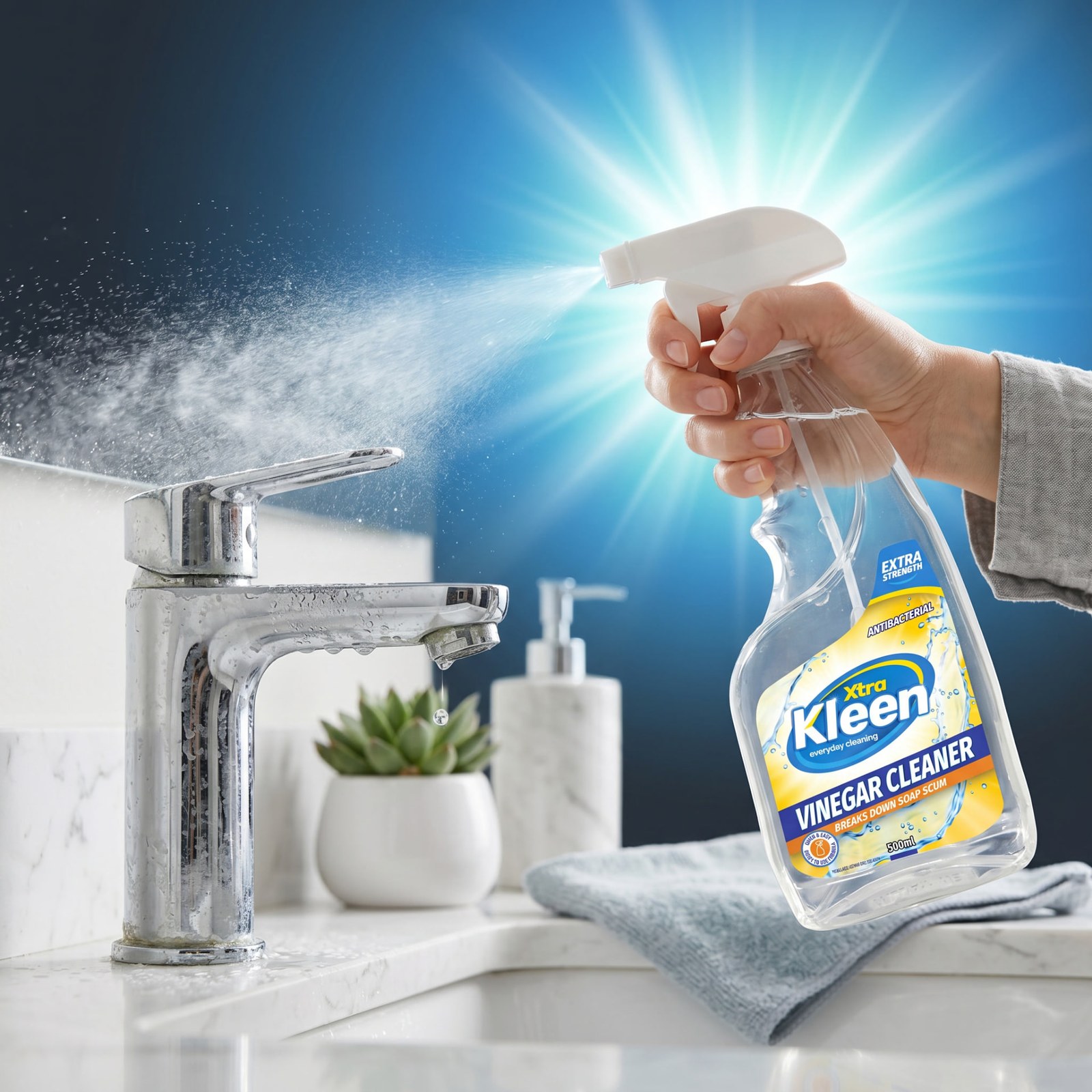 Xtra Kleen Vinegar Cleaner 500mL spray being used on a bathroom tap