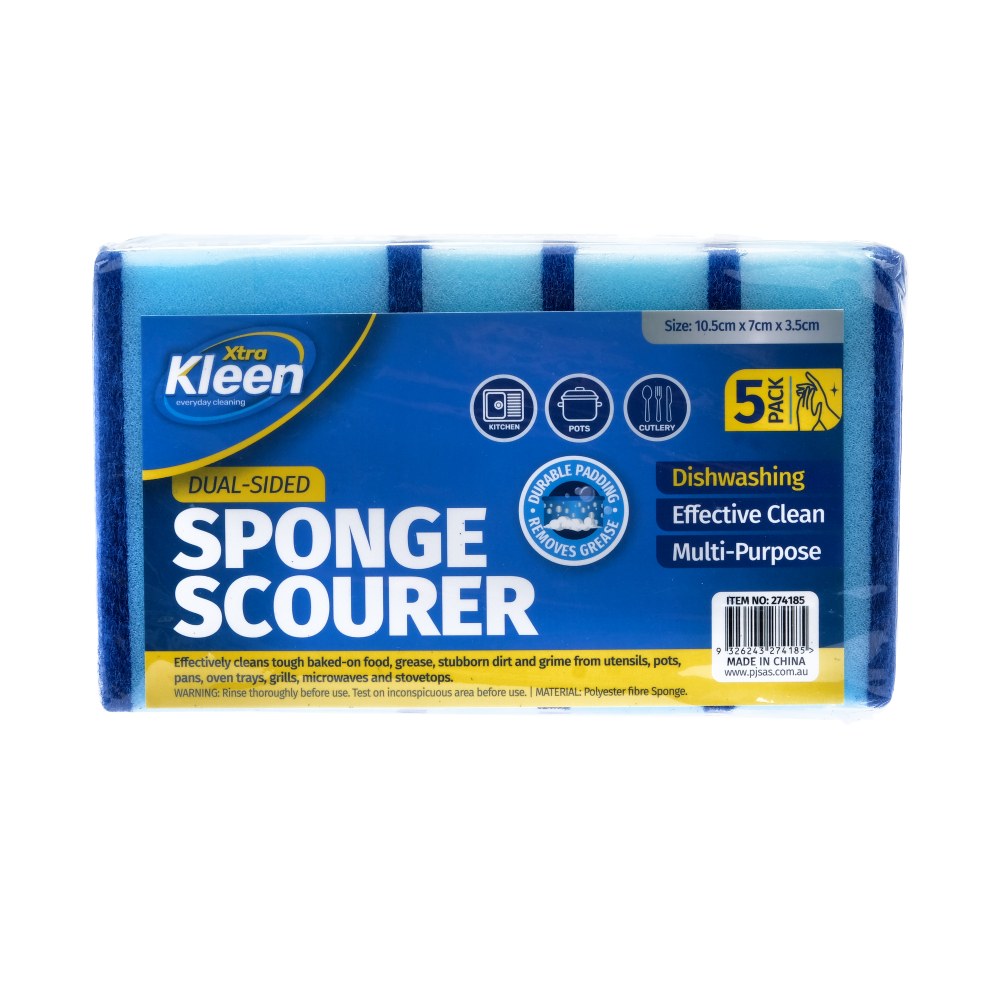 Xtra Kleen Dual-Sided Sponge Scourer 5pk — Dual-sided sponge scourers with durable padding for everyday dishwashing and tough grease.