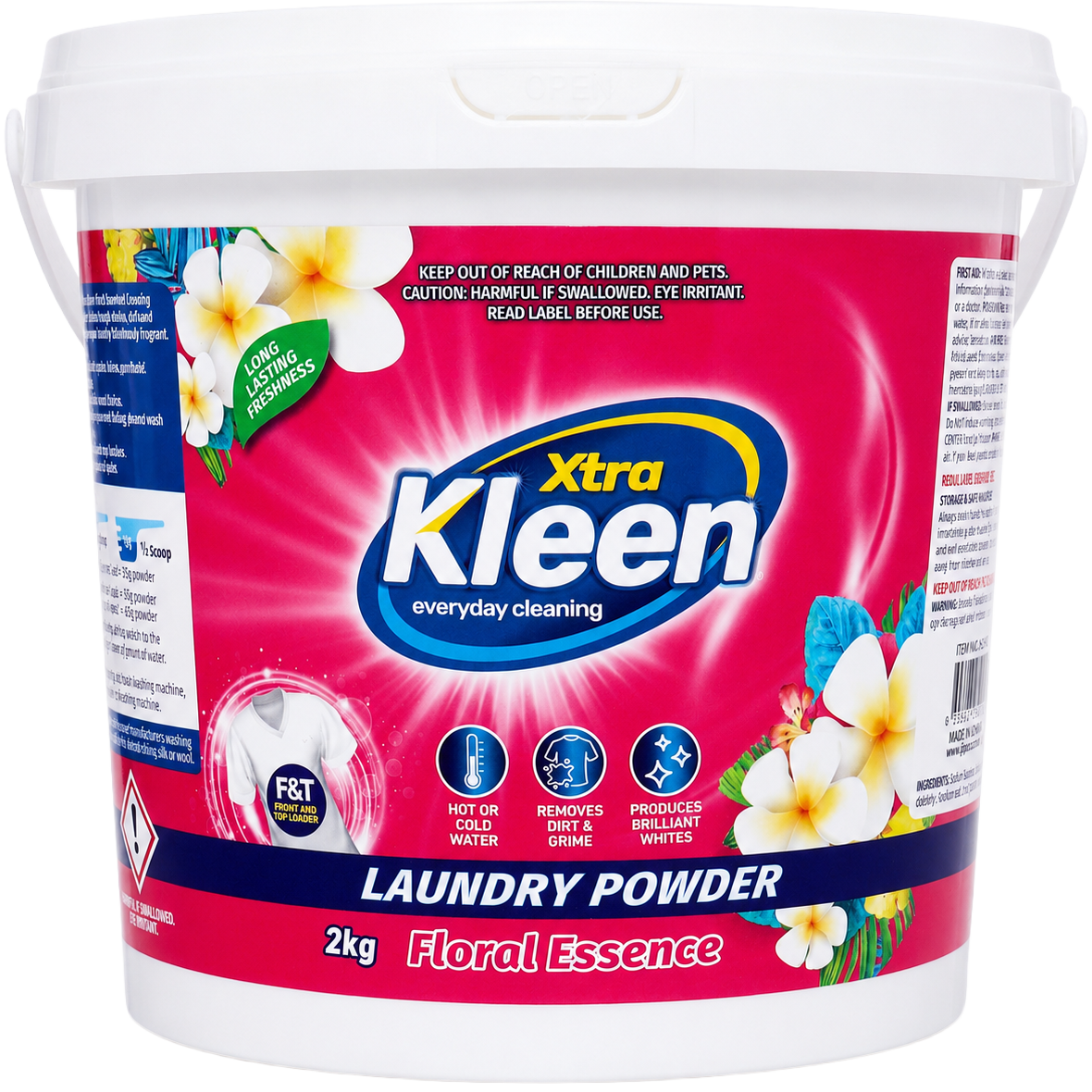 Xtra Kleen Laundry Powder Floral Scent 2kg Tub — 2kg re-sealable tub of floral-scented laundry powder for hot or cold wash.