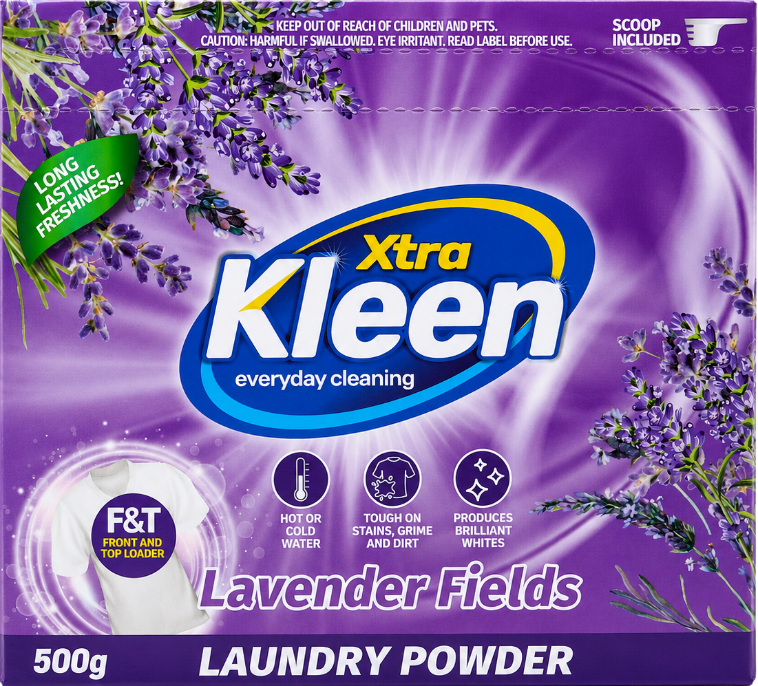 Xtra Kleen Laundry Powder Lavender Fields 500g — 500g starter box of Lavender Fields laundry powder with scoop included.