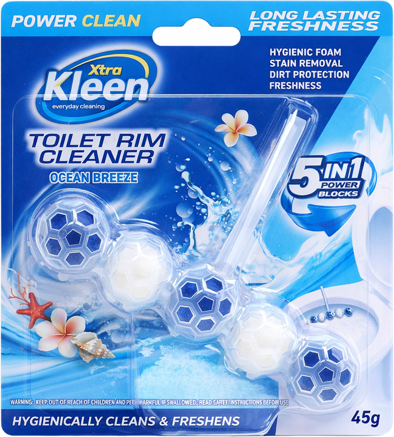 Xtra Kleen Toilet Rim Cleaner Ocean Breeze 45g — Rim-hanging toilet block that cleans and deodorises with an ocean breeze fragrance.
