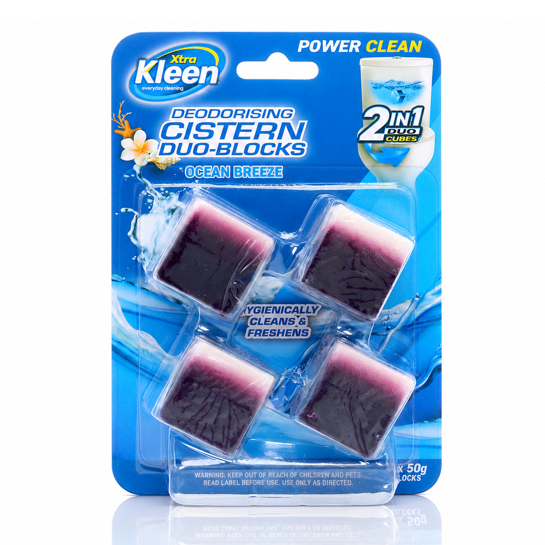 Xtra Kleen Cistern Duo-Cubes original variant pack showing four dark blue water-soluble cubes in blue blister packaging